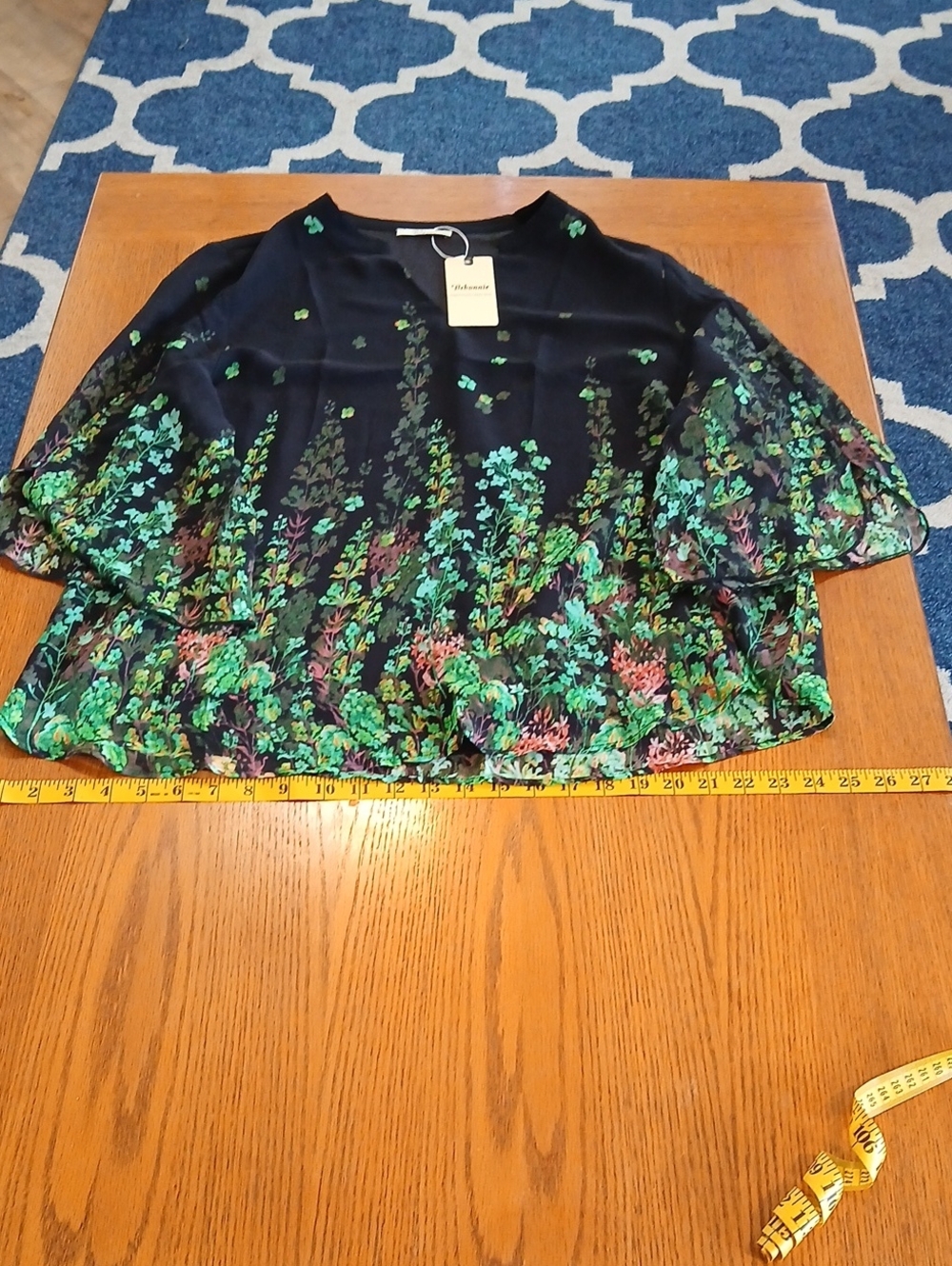 Black Floral Short-Sleeve Blouse with Green Print